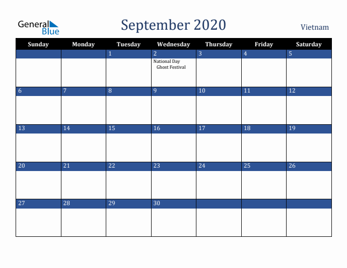 September 2020 Vietnam Calendar (Sunday Start)