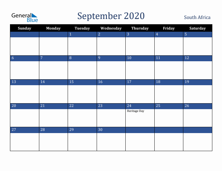 September 2020 South Africa Calendar (Sunday Start)