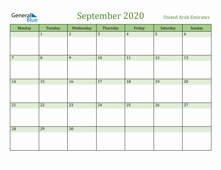 September 2020 Calendar with United Arab Emirates Holidays