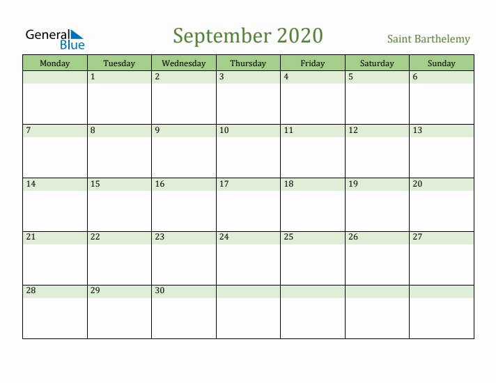 September 2020 Calendar with Saint Barthelemy Holidays