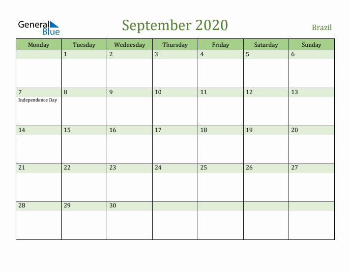 September 2020 Calendar with Brazil Holidays