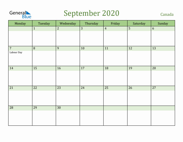 September 2020 Calendar with Canada Holidays