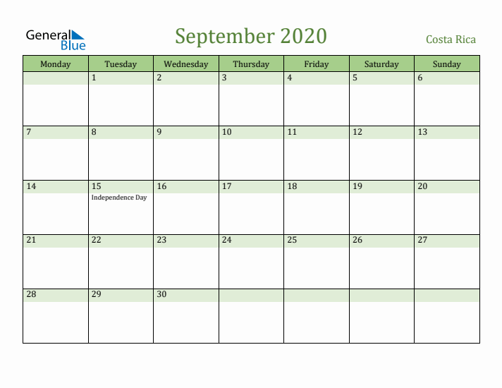 September 2020 Calendar with Costa Rica Holidays