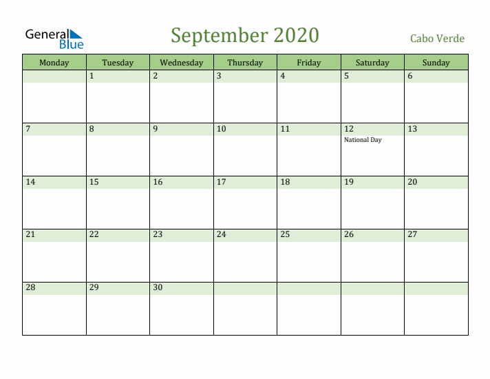 September 2020 Calendar with Cabo Verde Holidays