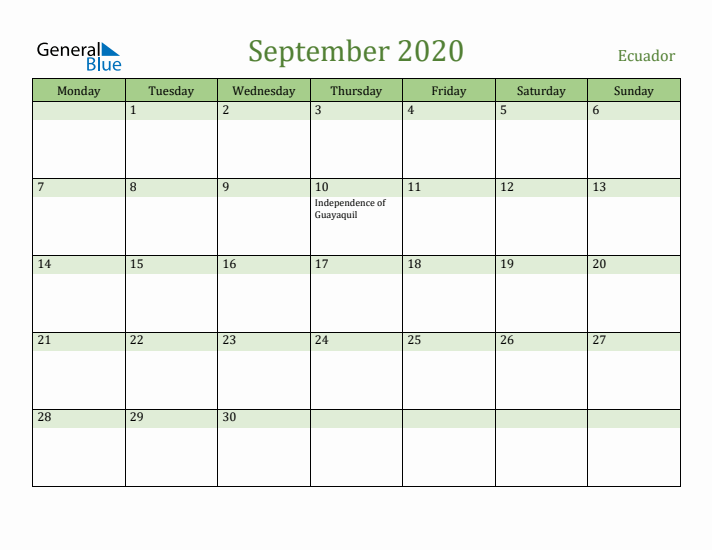 September 2020 Calendar with Ecuador Holidays