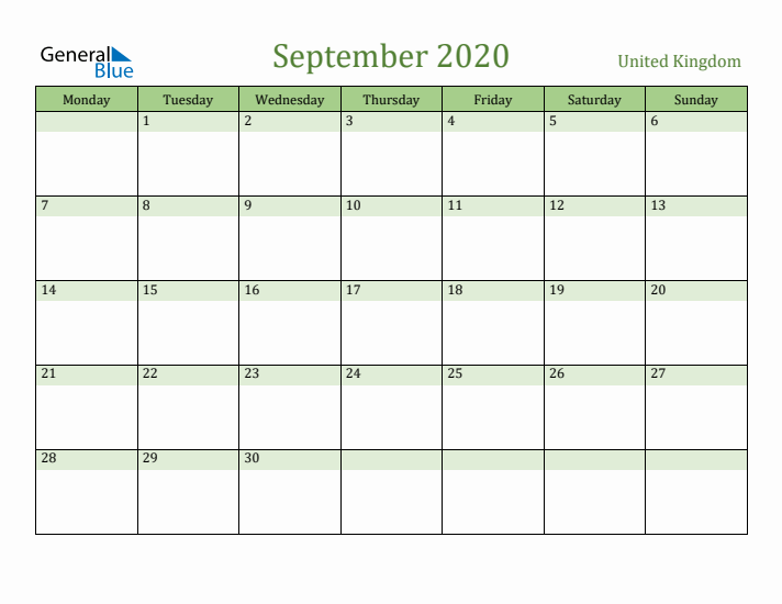 September 2020 Calendar with United Kingdom Holidays