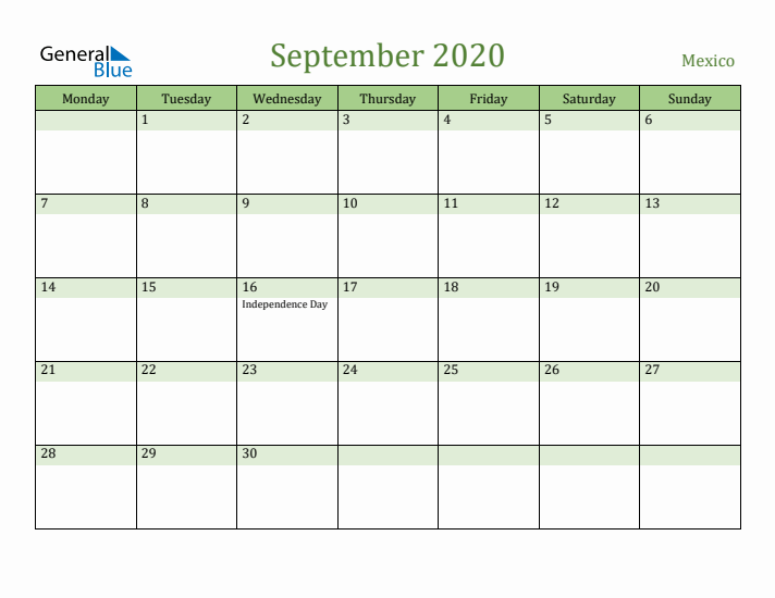 September 2020 Calendar with Mexico Holidays