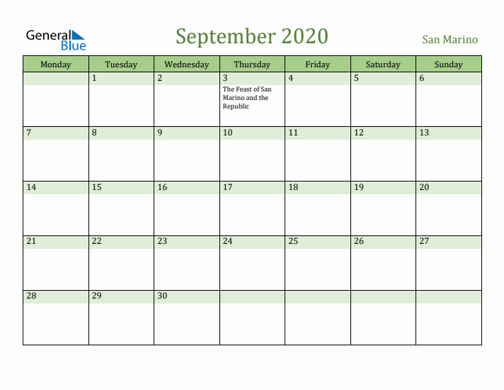 September 2020 Calendar with San Marino Holidays