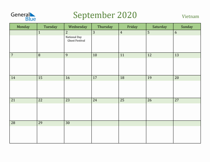 September 2020 Calendar with Vietnam Holidays