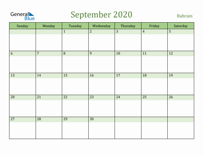 September 2020 Calendar with Bahrain Holidays