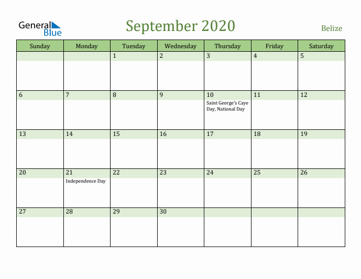 September 2020 Calendar with Belize Holidays