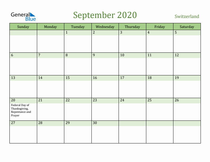 September 2020 Calendar with Switzerland Holidays