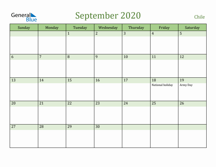 September 2020 Calendar with Chile Holidays