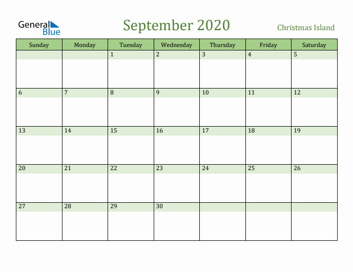 September 2020 Calendar with Christmas Island Holidays