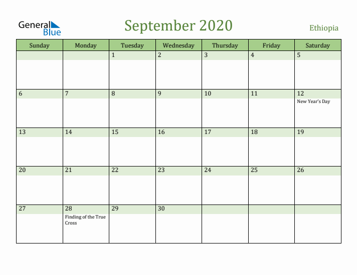 September 2020 Calendar with Ethiopia Holidays