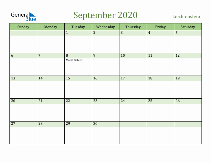 September 2020 Calendar with Liechtenstein Holidays