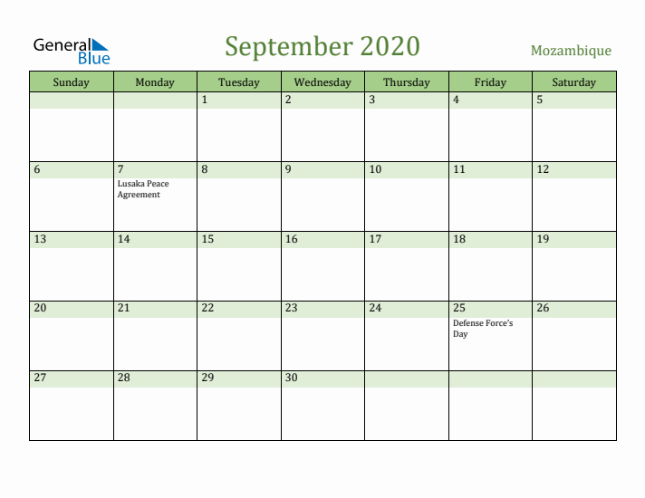 September 2020 Calendar with Mozambique Holidays