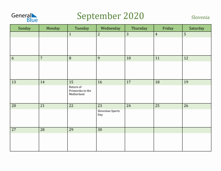 September 2020 Calendar with Slovenia Holidays