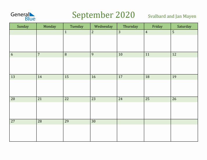 September 2020 Calendar with Svalbard and Jan Mayen Holidays