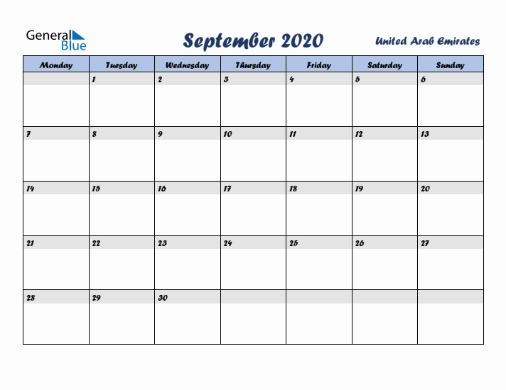 September 2020 Calendar with Holidays in United Arab Emirates