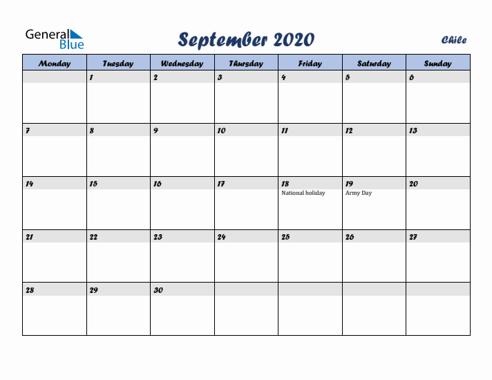 September 2020 Calendar with Holidays in Chile