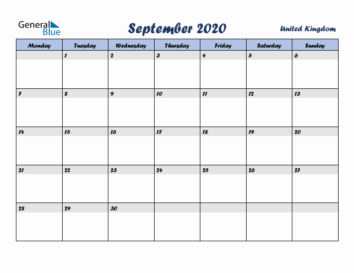 September 2020 Calendar with Holidays in United Kingdom