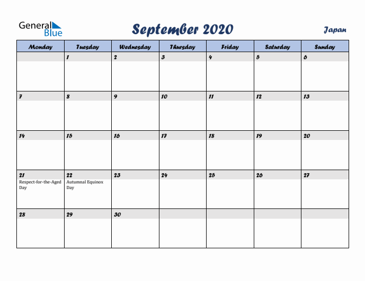 September 2020 Calendar with Holidays in Japan