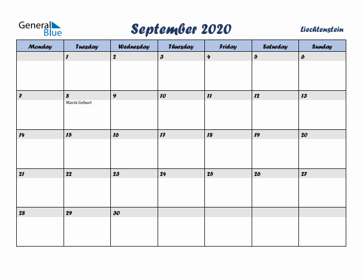 September 2020 Calendar with Holidays in Liechtenstein