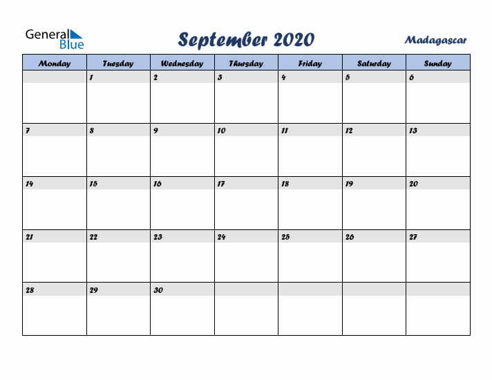 September 2020 Calendar with Holidays in Madagascar