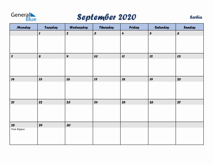 September 2020 Calendar with Holidays in Serbia