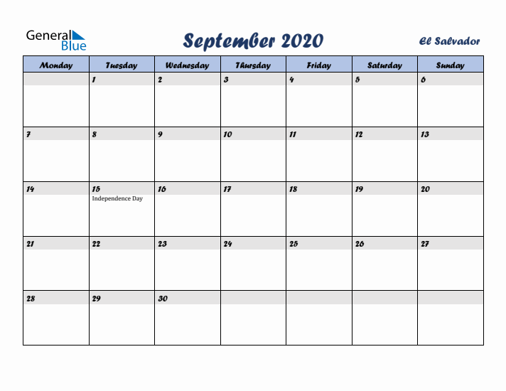 September 2020 Calendar with Holidays in El Salvador