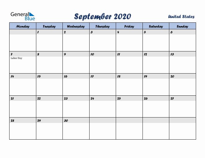 September 2020 Calendar with Holidays in United States