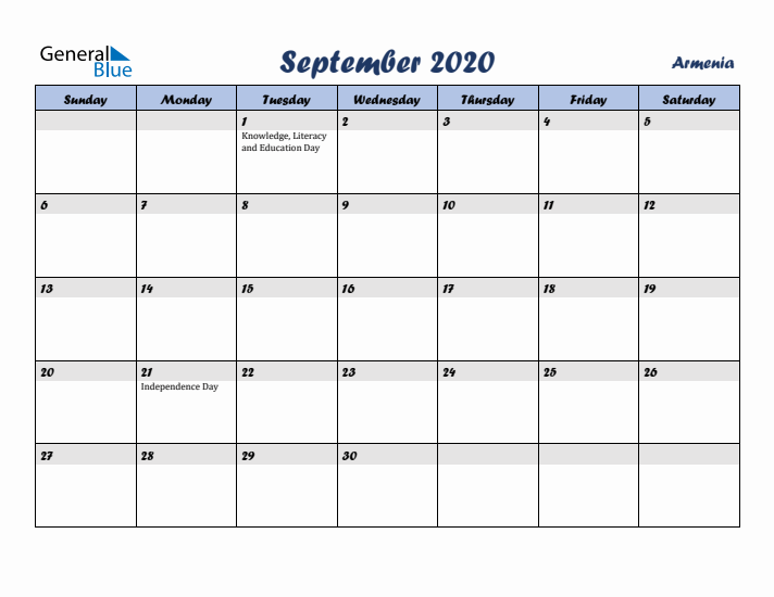 September 2020 Calendar with Holidays in Armenia