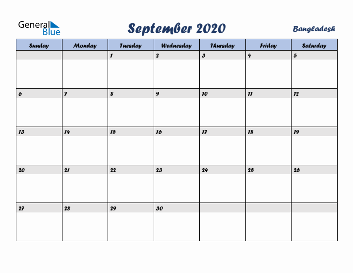 September 2020 Calendar with Holidays in Bangladesh