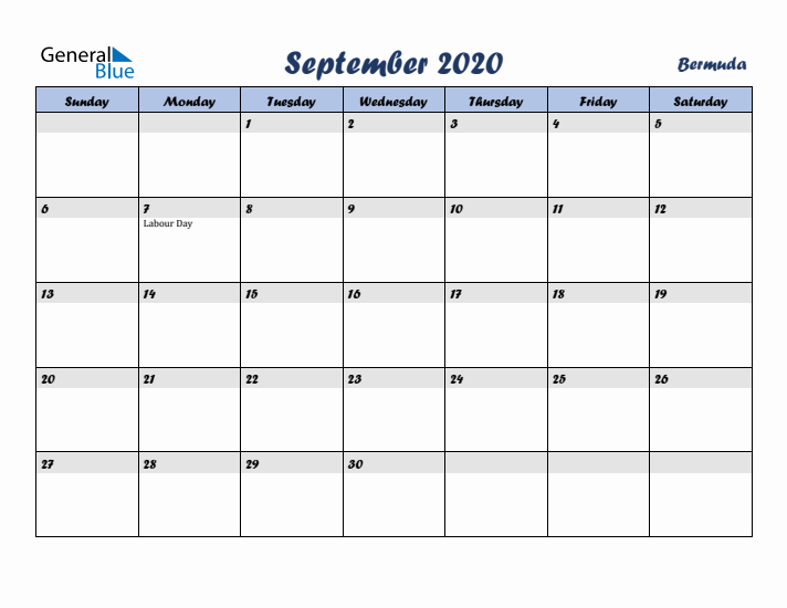 September 2020 Calendar with Holidays in Bermuda