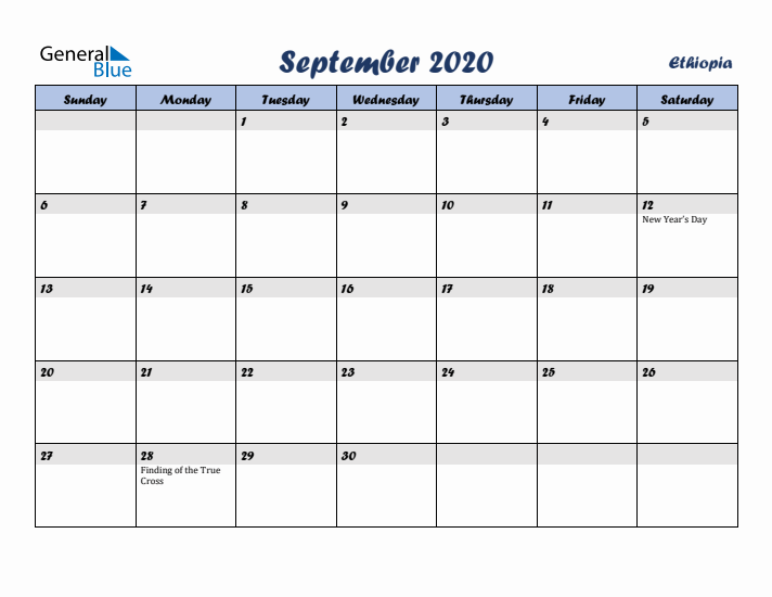 September 2020 Calendar with Holidays in Ethiopia