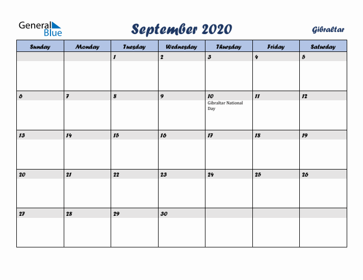 September 2020 Calendar with Holidays in Gibraltar