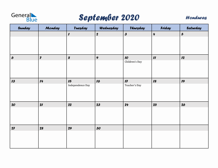 September 2020 Calendar with Holidays in Honduras