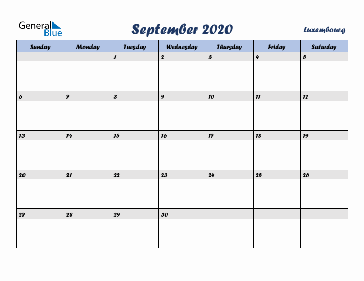 September 2020 Calendar with Holidays in Luxembourg