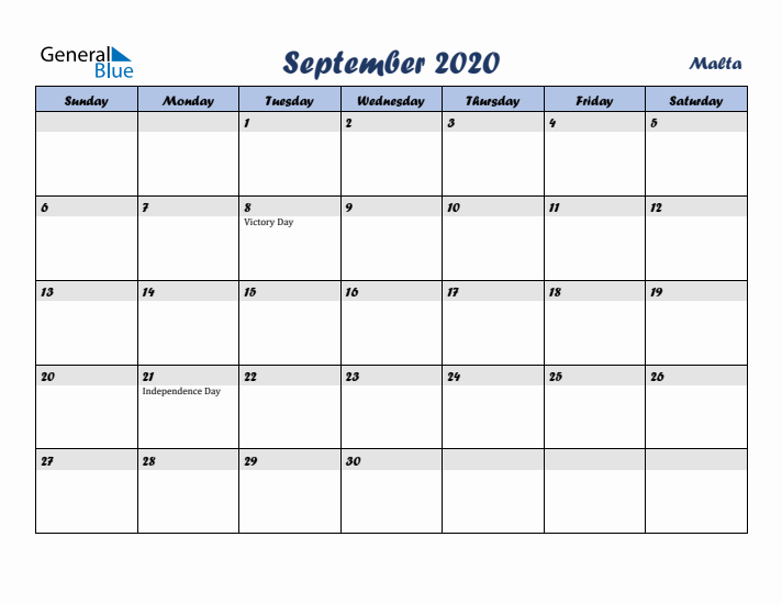 September 2020 Calendar with Holidays in Malta