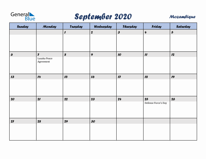 September 2020 Calendar with Holidays in Mozambique