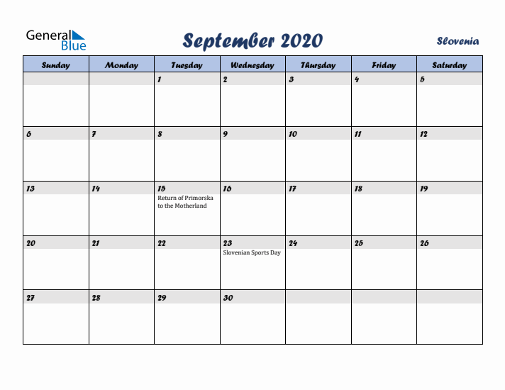 September 2020 Calendar with Holidays in Slovenia