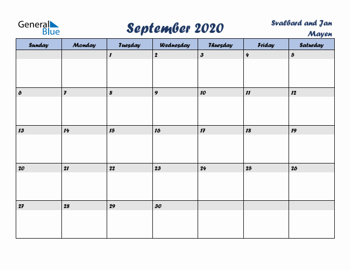 September 2020 Calendar with Holidays in Svalbard and Jan Mayen