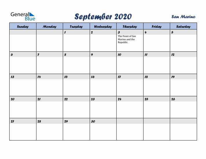 September 2020 Calendar with Holidays in San Marino