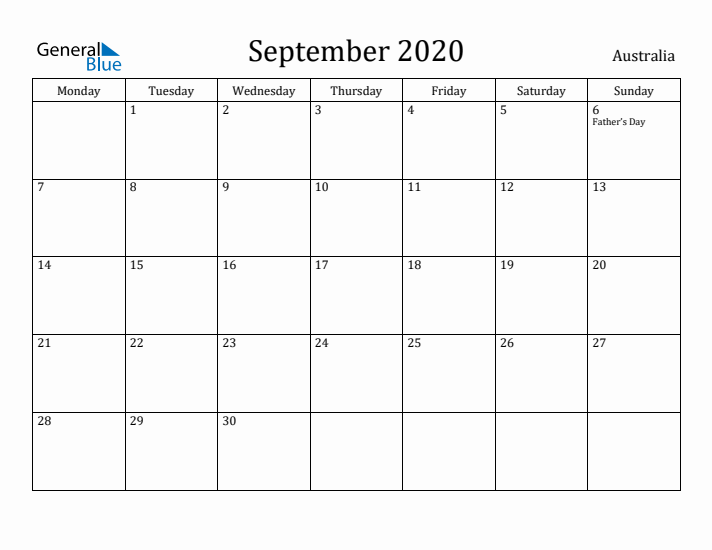 September 2020 Calendar Australia