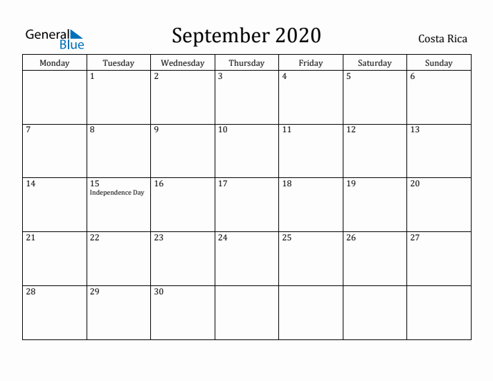 September 2020 Calendar Costa Rica