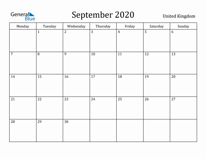 September 2020 Calendar United Kingdom