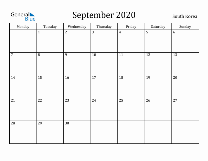 September 2020 Calendar South Korea