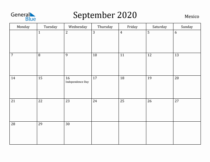 September 2020 Calendar Mexico