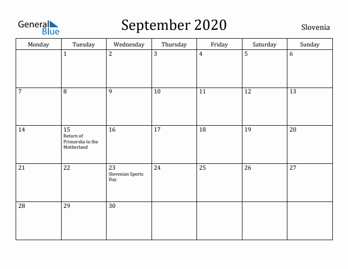 September 2020 Calendar Slovenia